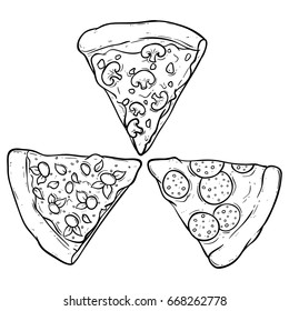 black and white hand drawing set of delicious pizza with three type of topping such as mushroom and pepperoni