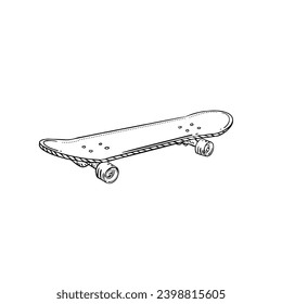 a black and white hand drawing of Skateboard, with a white background,