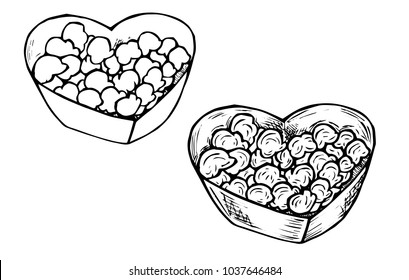 Black and White, Hand Drawing, and Sketch Tasty Delicious Popcorn Snack Food Heart Bowl for Cinema, Movie and Entertainment Graphic Design Resources Element Vector Collection Set Illustration.