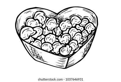 Black and White, Hand Drawing, and Sketch Tasty Delicious Popcorn Snack Food Heart Bowl for Cinema, Movie and Entertainment Graphic Design Resources Element Vector Collection Set Illustration.