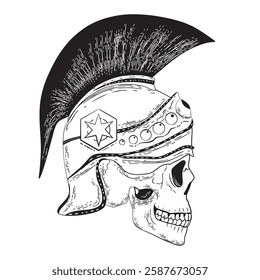 Black and white hand drawing of the skull of a Spartan soldier.