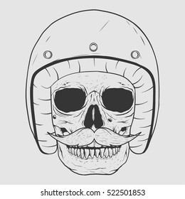 Black and white hand drawing skull with mustache wearing retro helmet