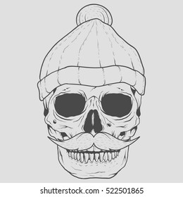 Black and white hand drawing skull with mustache wearing beanie hat