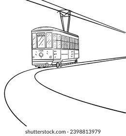 a black and white hand drawing of Tram, with a white background,