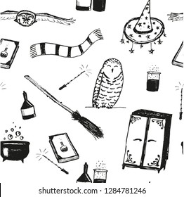 Black and white hand drawing vector pattern of magical items. Cauldron, owls, scarf, magic wand, alchemy book, witches hat with stars, tinctures. Magic school vector pattern. Magical background.