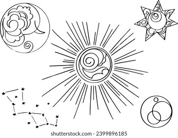 black and white hand drawings with stylized elements of nature, celestial bodies, vector