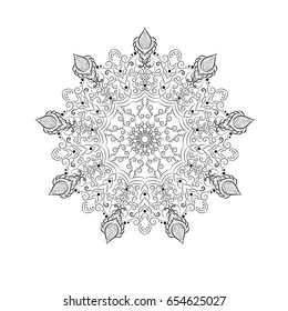 Black and white hand drawn abstract floral mandala.