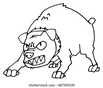 black and white, hand drawn, angry dog character, isolated on white, vector illustration