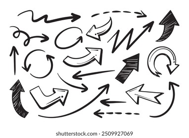 Setas desenhadas à mão em preto e branco com diversas formas e direções sobre fundo branco. Ilustração de desenho animado vetorial