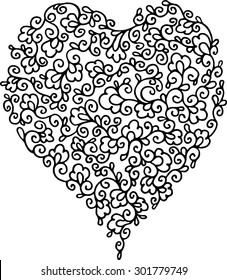 Black and white hand drawn asymmetrical heart with fancy floral ornament. Abstract vector illustration, isolated drawing