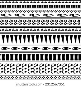 Black white hand drawn aztec ethnic seamless border pattern color like Egyptian hieroglyphs isolated on white background