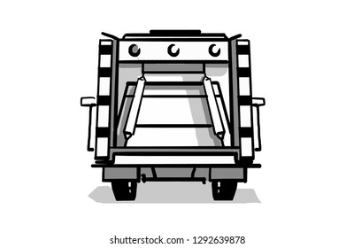 Black and white hand drawn back of a garbage truck. Vector sketch isolated on white.