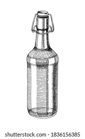Black and white hand drawn beer bottle. Vector illustration in retro style