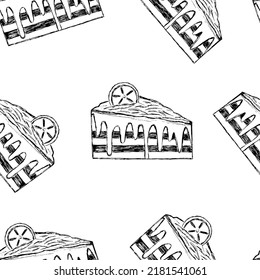 Black and white hand drawn birthday cake piece vector seamless pattern for party decoration and wrapping paper