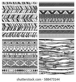 Black and white hand drawn boho illustration. Set of Native American doodles. Textile print with Navajo tribal ornament. Vector creative art-work. Ink drawing in bohemian chic style