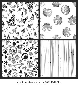 Black And White Hand Drawn Boho Illustration. Set Of Native American Doodles. Textile Print With Navajo Tribal Ornament, Mushrooms, Shells. Vector Creative Art-work. Ink Drawing In Bohemian Chic Style