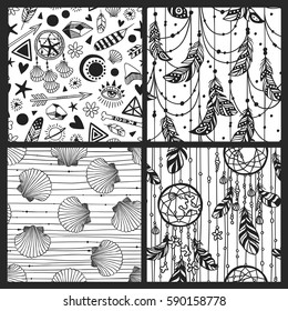 Black and white hand drawn boho illustration. Set of Native American doodles. Textile print with Navajo tribal ornament, feathers, shells. Vector creative art-work. Ink drawing in bohemian chic style