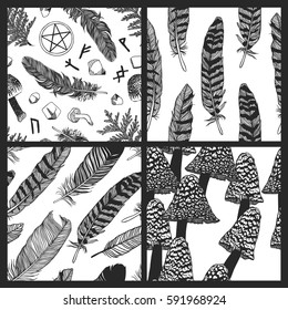 Black and white hand drawn boho illustration. Set of Romantic Textile print with different feathers, mushrooms and ritual things. Vector creative art work. Ink drawing in bohemian chic style