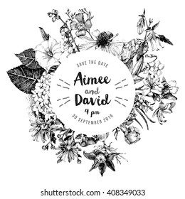 Black and white hand drawn botanical wedding invitation