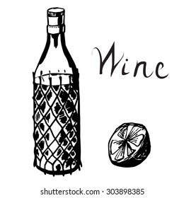Black and white hand drawn bottle of wine and lemon on white background