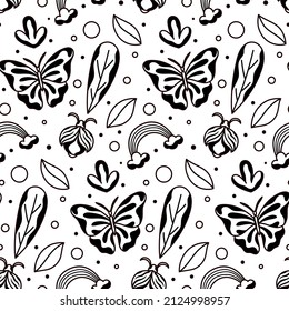 Black and White Hand Drawn Butterfly Vector Seamless Pattern. Awesome for classic product design, fabric, backgrounds, invitations, packaging design projects. Surface pattern design.