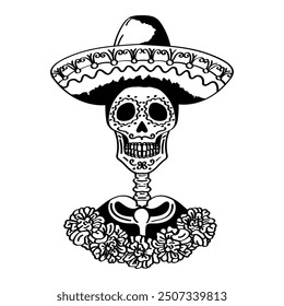 Black and white hand drawn Calavera skeleton figure with decorated skull in sombrero surrounded by linear marigold flowers for Dia de los Muertos (Mexican Day of the Dead).  Calaca tattoo design