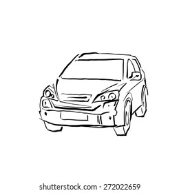 Black and white hand drawn car on white background, illustrated hatchback. 