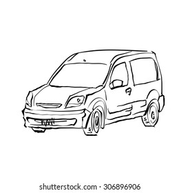 Black and white hand drawn car on white background, illustration of a station wagon. 