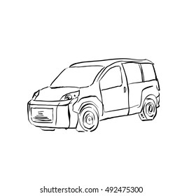 Black and white hand drawn car on white background, illustrated station wagon. 