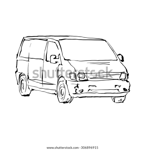Black and white hand drawn car on white background,\
illustrated minivan. 