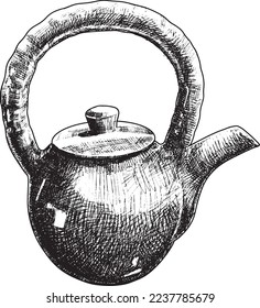 Black and white hand drawn ceramic tea pot.