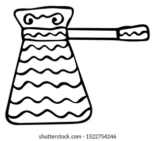 Black and white hand drawn cezve for coffee in the Scandinavian style. Isolated black white design element for coloring. Vector.