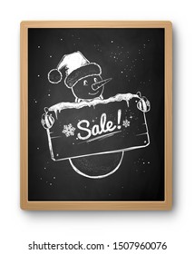 Black and white hand drawn chalked sketch of Snowman with sale signboard on chalkboard background isolated with shadow.