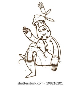Black and white hand drawn character illustration of elder man or grandfather for coloring book 