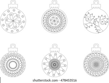 Black and white hand drawn Christmas balls, anti stress, vector illustration