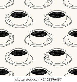 Black and white hand drawn coffee mug seamless pattern. Breakfast caffeine drink cup background illustration. Energy beverage, espresso hot drink wallpaper texture.	