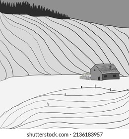 Black and white hand drawn countryside scenery. Graphic vector illustration Italian landscape