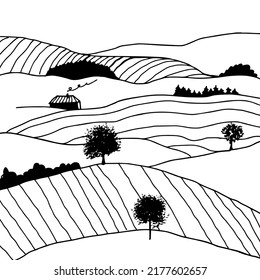 Black And White Hand Drawn Countryside Scenery. Graphic Vector Illustration Italian Landscape