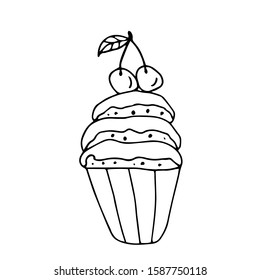 Black and white hand drawn cupcake with cream. Sketch style vector illustration isolated on white background. Realistic hand drawing of cupcake with cream.