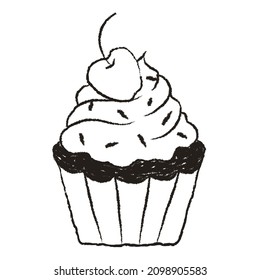 black and white hand drawn cupcake vector illustration of cute creamy sweet cupcake with a cherry on top in a white background. For greeting cards banners or party invitations logos and ect. 
