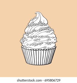 black and white hand drawn cupcake with perfect cream swirls and sprinkles, sketch style vector illustration isolated on color background. Realistic hand drawing of cupcake with cream and sprinkles