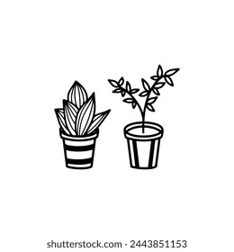 black and white hand drawn cute flower or cactus flat element garden flora icon drawing