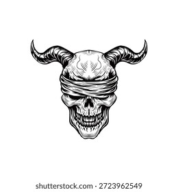 ilustração de crânio diabo desenhado à mão preto e branco
