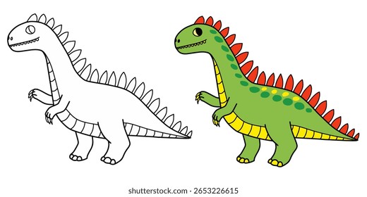 Mão preta e branca desenhada dinossauro ilustração vetor de arte de linha com coloração página. Dinossauro de desenho animado bonito, animal selvagem página de coloração para adultos e crianças