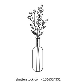 Black and white hand drawn doodle flowers,branches and leaves in a bottle.Minimalistic illustration for posters,stickers,print on t-shirts,mug print,decoration for greeting cards,planners and more