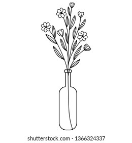 Black and white hand drawn doodle flowers and leaves in a bottle.Minimalistic botanical illustration for posters,stickers,print on t-shirts,mug print,decoration for greeting cards,planners and more