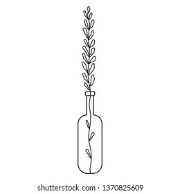 Black and white hand drawn doodle branch with petals in a bottle.Minimalistic illustration for posters,stickers,print on t-shirts,mug print,decoration for greeting cards,planners and more