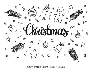 Black and white hand drawn doodle pattern with balls, tree, stars and bell. Christmas and new year greeting card. Flat vector illustration