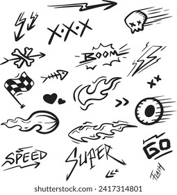Doodle dibujado a mano en blanco y negro, adecuado para calcomanías, cascos de carreras y tablas de patinaje.