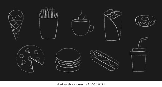 Conjunto de comida callejera dibujado a mano en blanco y negro